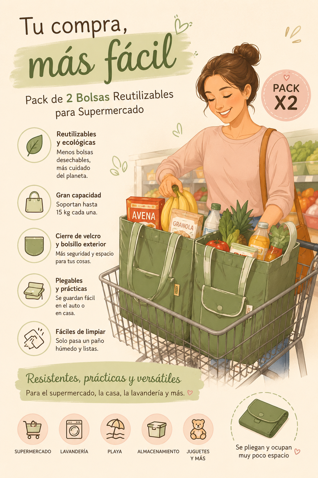 Pack x2 Bolsas Reutilizables para Supermercado